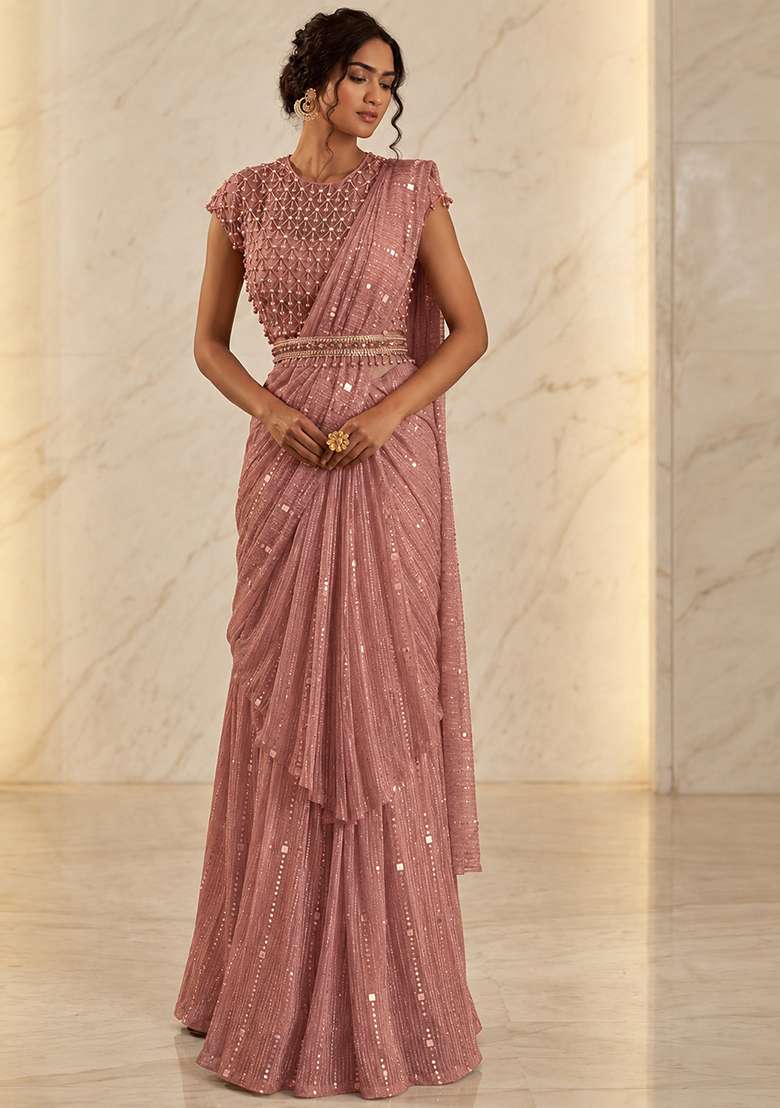 Peach Embroidered Handwork Pre Draped Saree Set - Indya