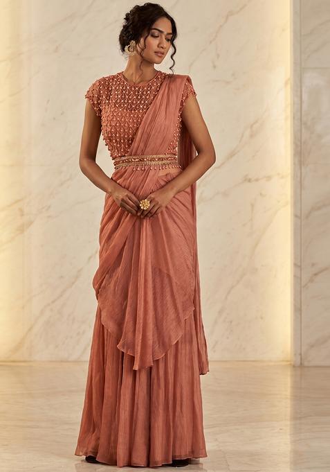 Peach Embroidered Handwork Pre Draped Saree Set