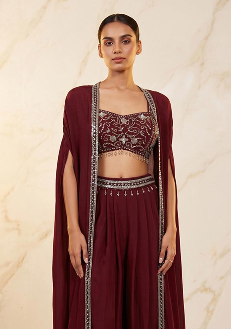 Burgundy Embroidered Handwork Fusion Set - Indya