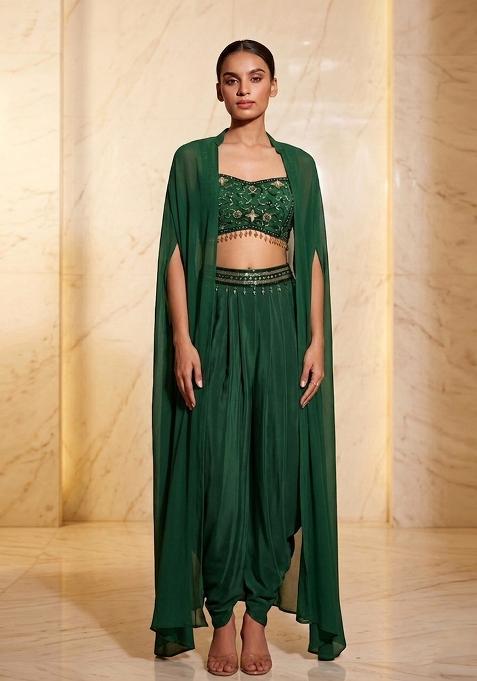 Bottle Green Embroidered Handwork Fusion Set