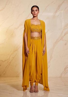 Mustard Embroidered Handwork Fusion Set