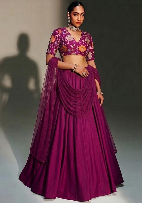 Byzantium Purple Printed Organza Lehenga Set