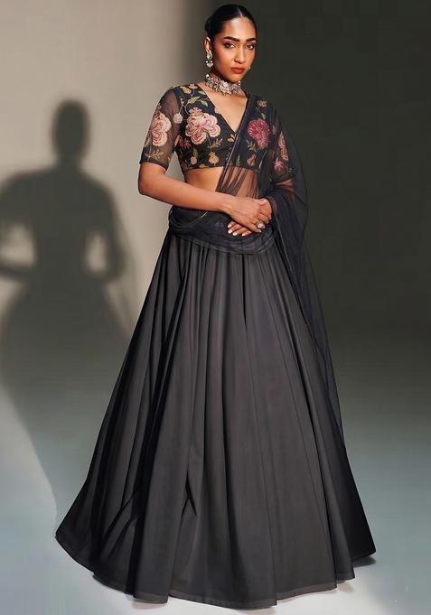Charcoal Grey Printed Organza Lehenga Set