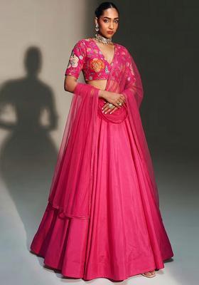 Magenta Pink Printed Organza Lehenga Set