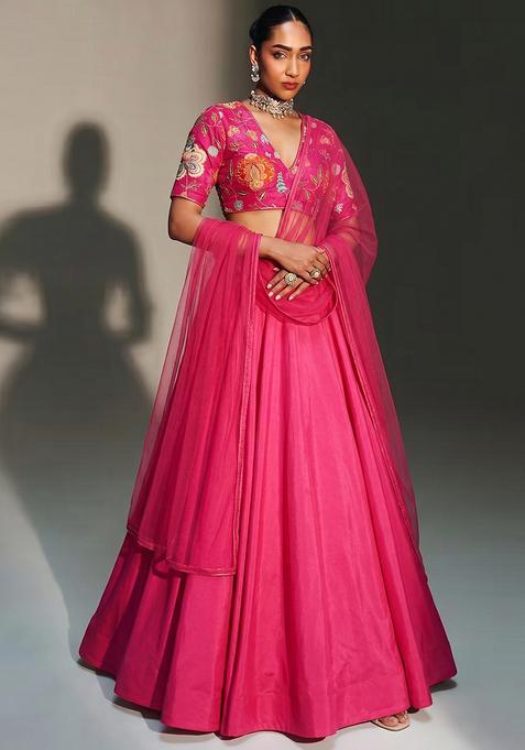 Magenta Pink Printed Organza Lehenga Set