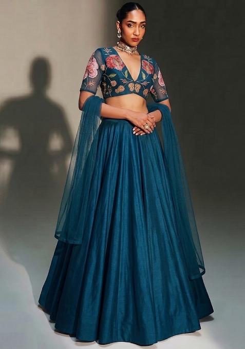 Teal Blue Printed Organza Lehenga Set