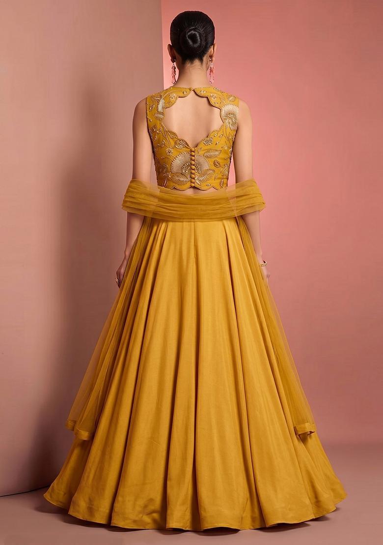 Turmeric Yellow Embroidered Organza Lehenga Set - Indya