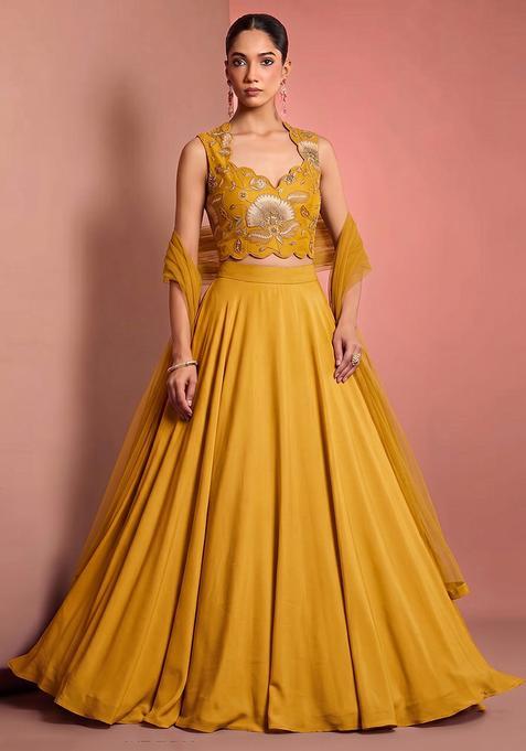 Turmeric Yellow Embroidered Organza Lehenga Set