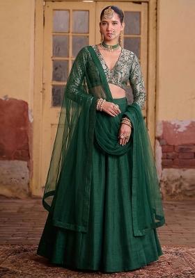 Emerald Green Brocade Lehenga Set