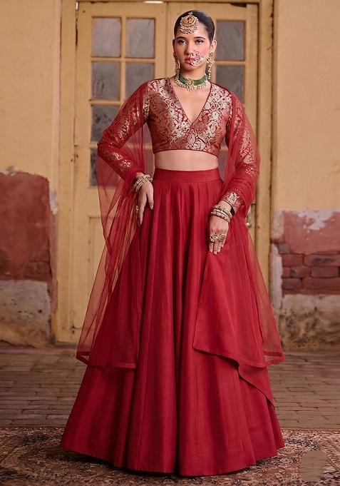 Red Brocade Lehenga Set