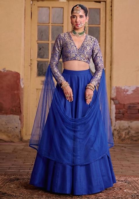 Cobalt Blue Brocade Lehenga Set