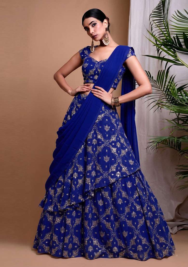 Royal Blue Embroidered Organza Lehenga Set - Indya