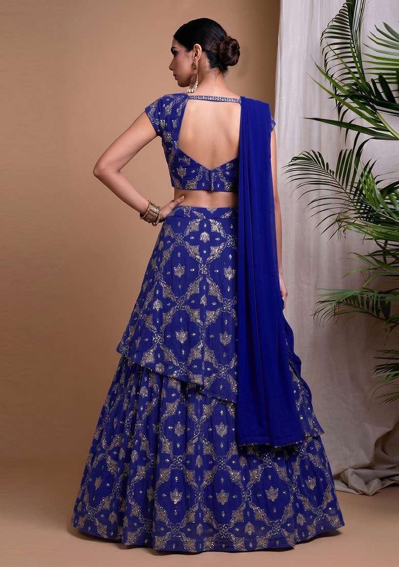 Royal Blue Embroidered Organza Lehenga Set - Indya