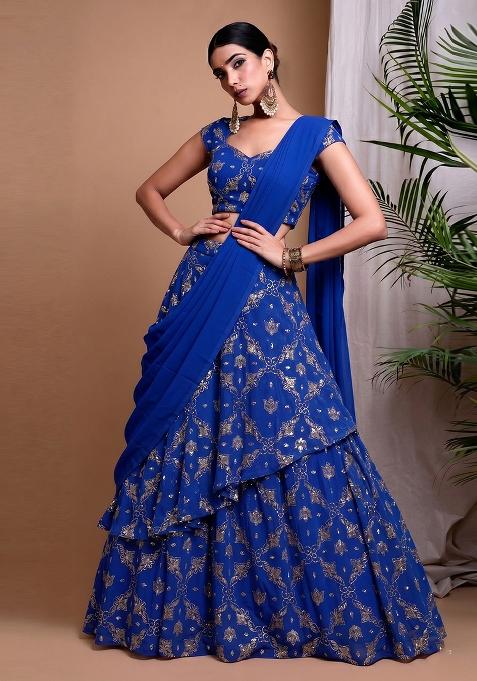 Royal Blue Embroidered Organza Lehenga Set