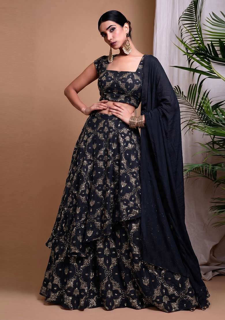 Black Embroidered Organza Lehenga Set for Diwali and Festive Wear - Indya