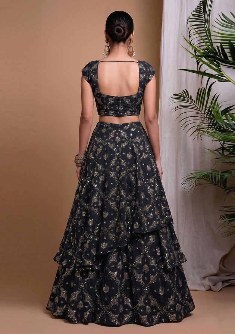 Black Embroidered Organza Lehenga Set - Indya
