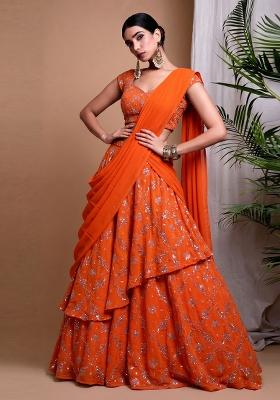 Orange Embroidered Organza Lehenga Set