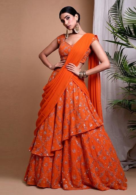 Orange Embroidered Organza Lehenga Set