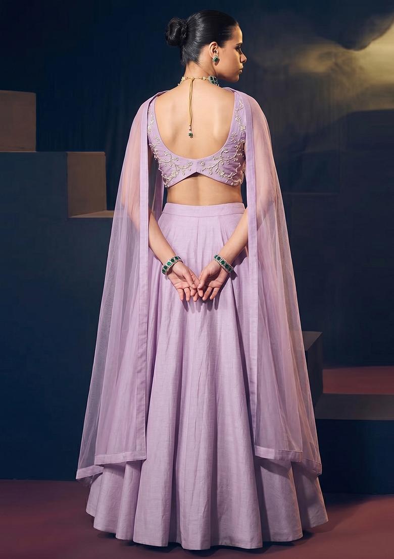 Lavender Embroidered Chanderi Lehenga Set - Indya