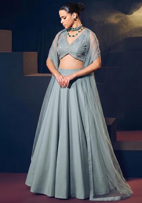 Powder Blue Embroidered Chanderi Lehenga Set