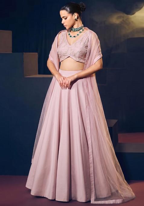 Soft Pink Embroidered Chanderi Lehenga Set