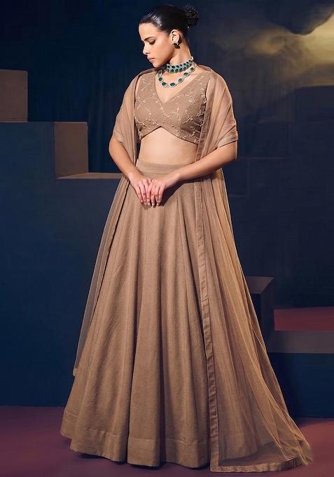Coffee Brown Embroidered Chanderi Lehenga Set