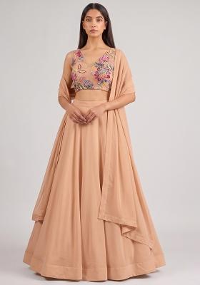 Peach Printed Organza Lehenga Set