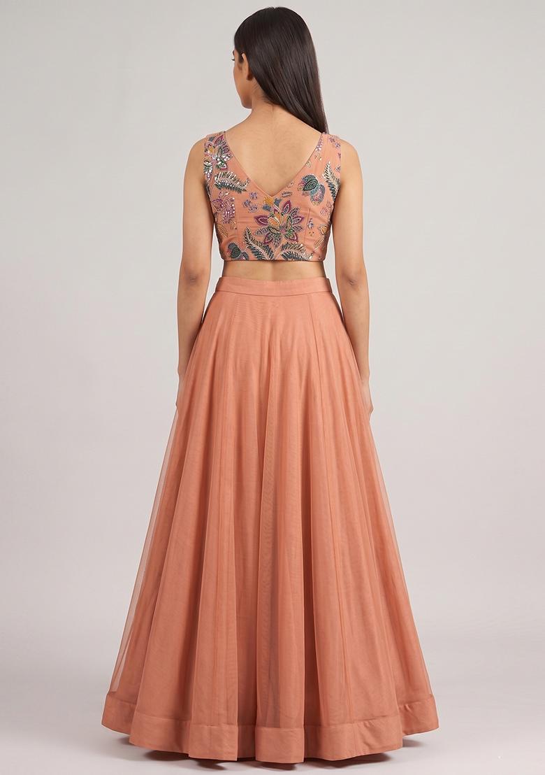 Peach Printed Organza Lehenga Set - Indya