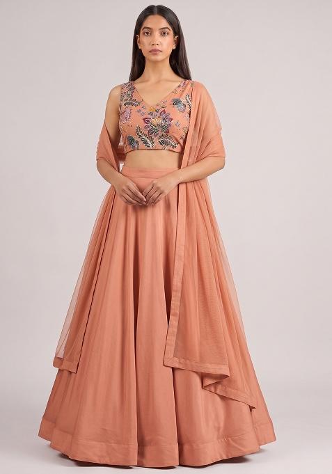 Peach Printed Organza Lehenga Set