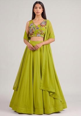 Lime Green Printed Organza Lehenga Set