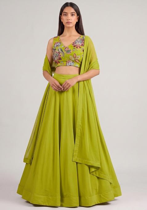Lime Green Printed Organza Lehenga Set