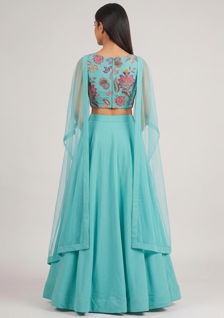 Blue Printed Organza Lehenga Set - Indya