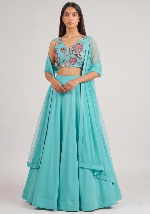 Blue Printed Organza Lehenga Set