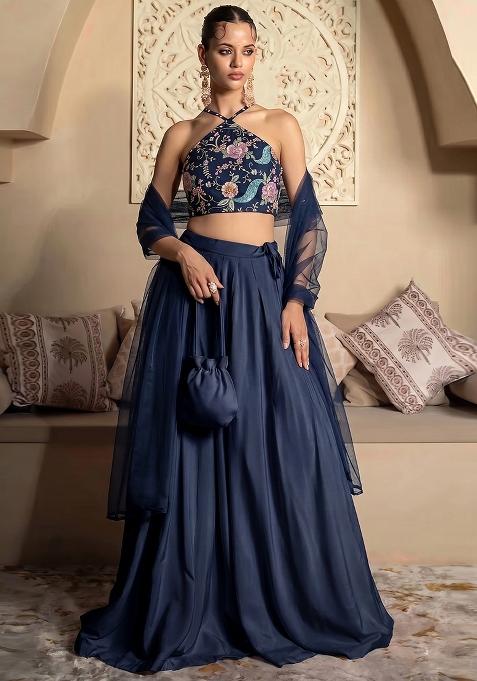 Dark Blue Printed Crepe Lehenga Set