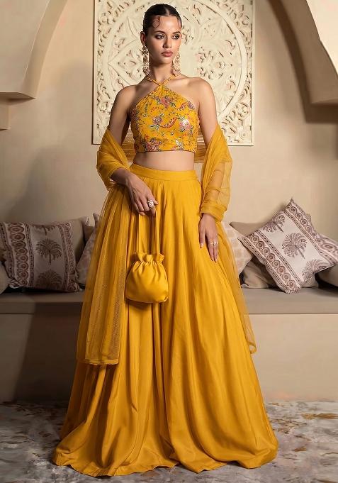 Mustard Printed Crepe Lehenga Set