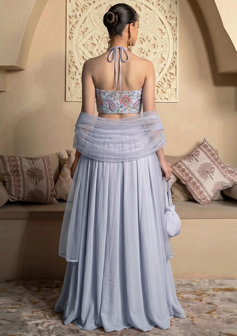 Lilac Printed Crepe Lehenga Set - Indya