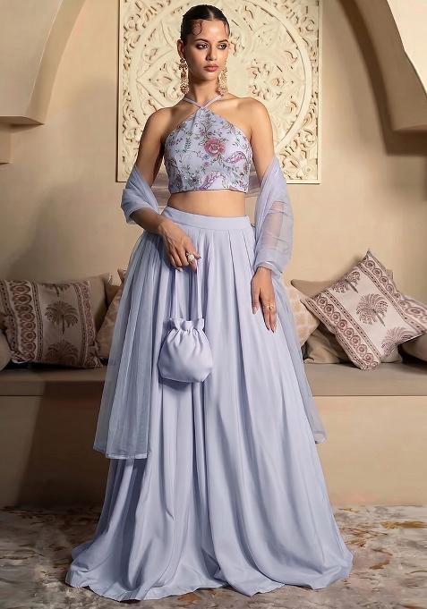 Lilac Printed Crepe Lehenga Set