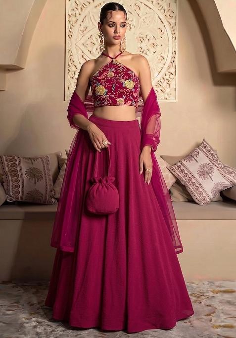 Hot Pink Printed Crepe Lehenga Set
