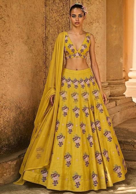 Mustard Yellow Embroidered Chanderi Lehenga Set