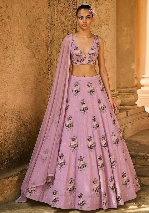 Soft Pink Embroidered Chanderi Lehenga Set