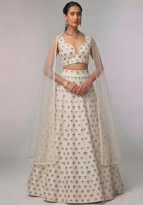 Off White Embroidered Chanderi Lehenga Set