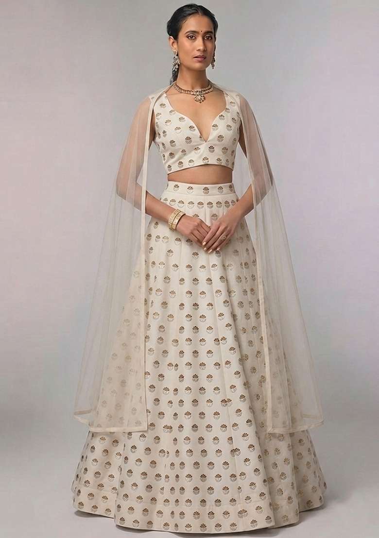 Off White Chanderi Lehenga Set with Embroidered for Diwali | Wedding & Festive Wear - Indya