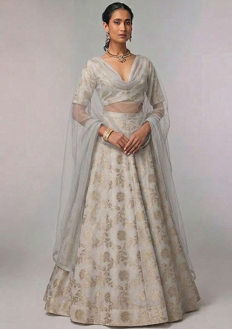 Ivory Embroidered Chanderi Lehenga Set for Diwali and Festive Wear - Indya