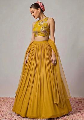 Yellow Embroidered Organza Lehenga Set