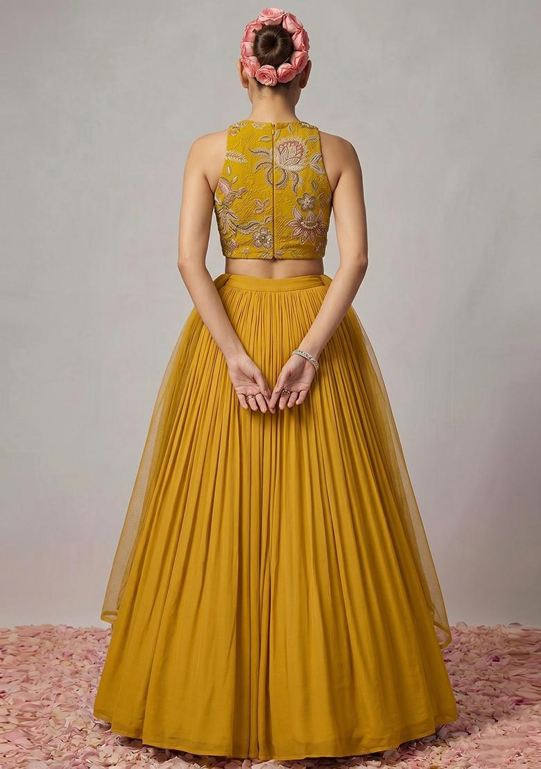 Yellow Embroidered Organza Lehenga Set - Indya