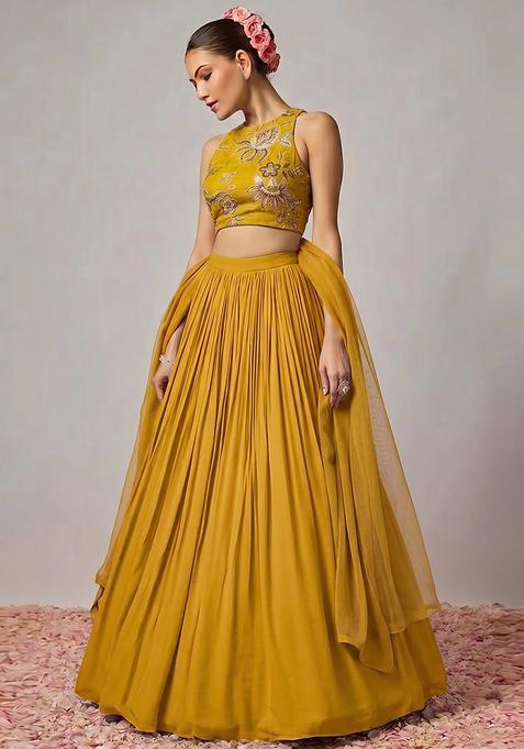 Yellow Embroidered Organza Lehenga Set