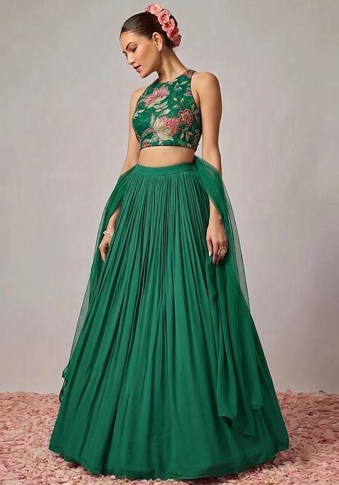 Dark Green Embroidered Organza Lehenga Set