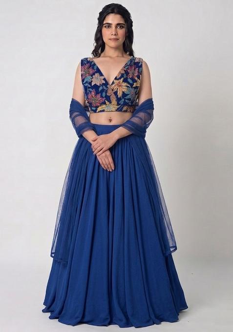 Navy Blue Printed Crepe Lehenga Set