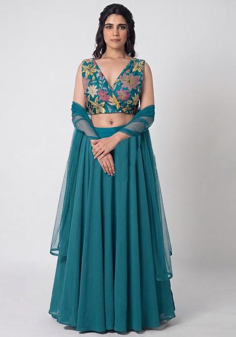 Teal Blue Printed Crepe Lehenga Set