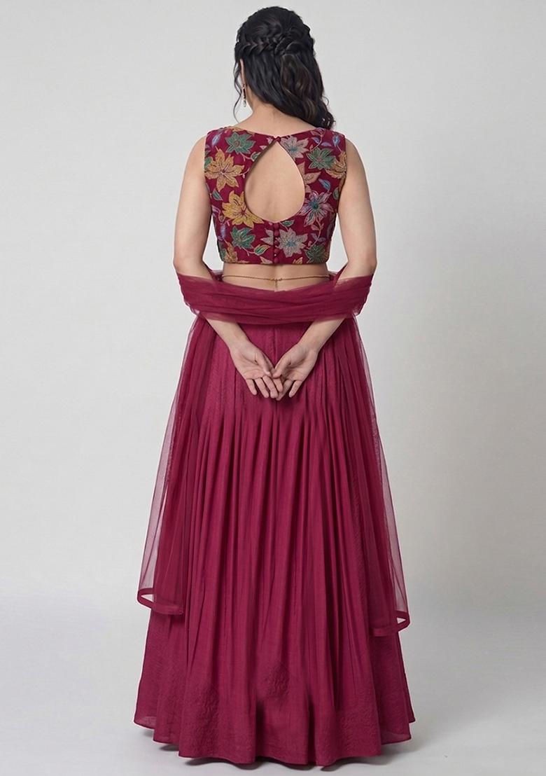 Dark Pink Printed Crepe Lehenga Set - Indya